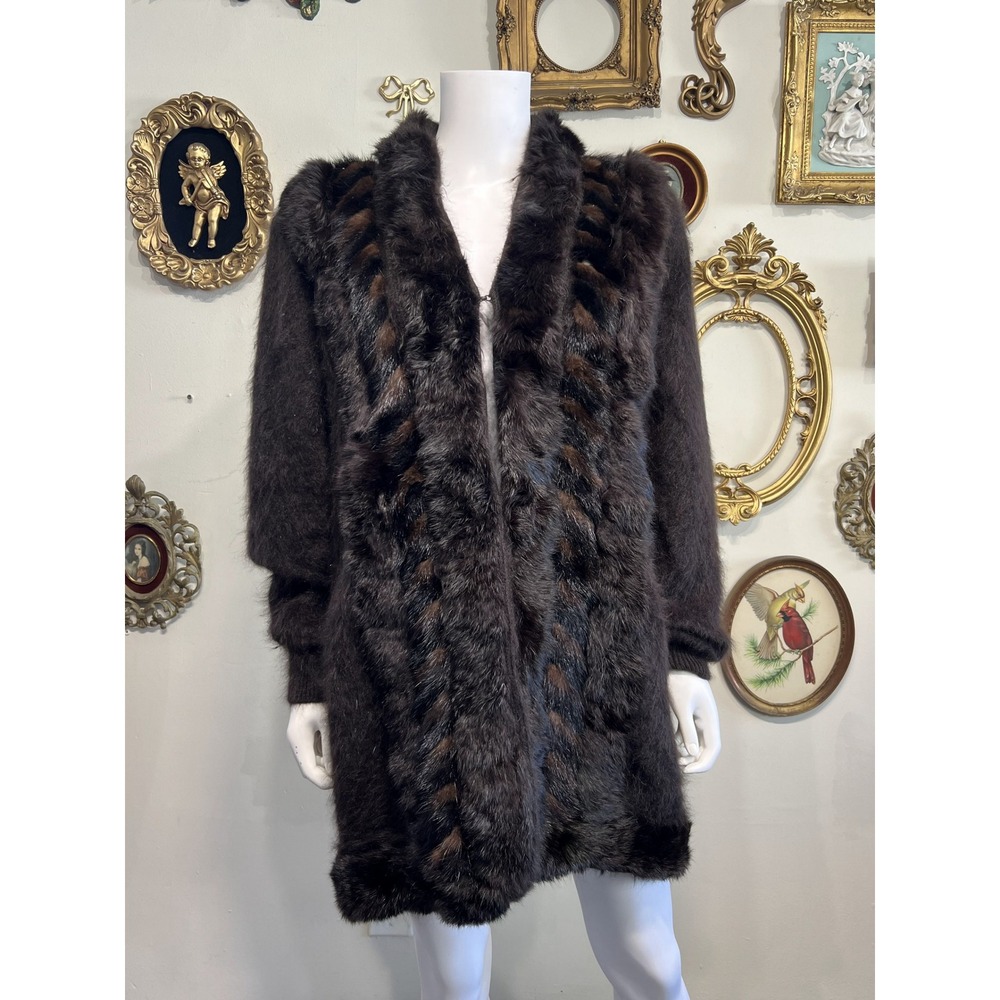 Fleur de Paris Radzoli Brown Angora Rabbit Fur Trim Knit Cardigan Coat One Size